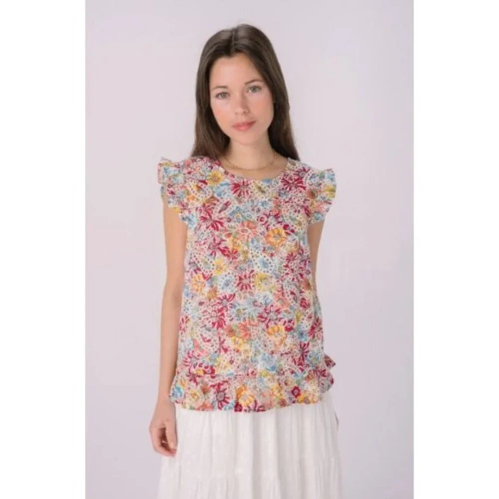 Boutique Solitaire Red Tropical Floral Eyelet Ruffle Tank Top M